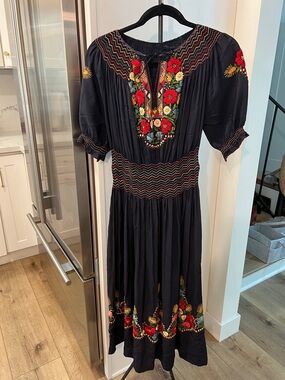 Vintage Embroidered Black Floral Midi Dress with Red Accents sz S-M